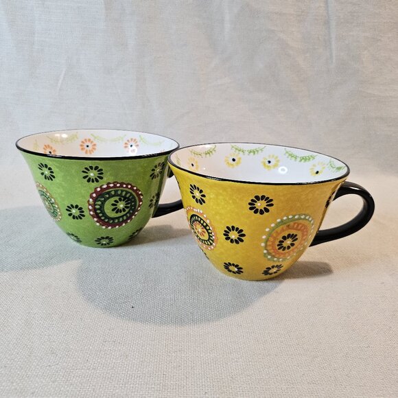 Signature Large Boho Stoneware Latte Coffee Mug Cup x 2 - Picture 1 of 11